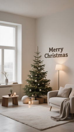 A serene and minimalist Christmas interior featuring a decorated tree, cozy sofa, and neutral color palette. The perfect setting for a peaceful holiday celebration at home, full of joy.の素材
