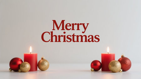 A festive Christmas composition featuring two burning red candles, adorned with red and gold ornaments, with a cheerful 'Merry Christmas' message in red font against a plain white background.の素材
