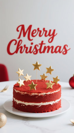A vibrant red velvet cake decorated with golden stars sits on a white plate, with a 'Merry Christmas' sign in the background, creating a festive holiday scene perfect for celebration.の素材