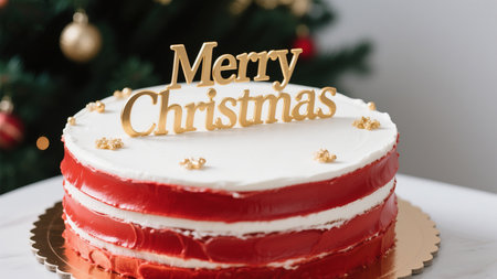 A delightful red velvet Christmas cake adorned with a golden 'Merry Christmas' topper, perfect for festive celebrations and adding a touch of sweetness to your holiday season.の素材