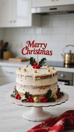 A beautifully decorated Christmas cake sits on a white cake stand, adorned with holly berries and a festive "Merry Christmas" topper, perfect for a holiday celebration.の素材