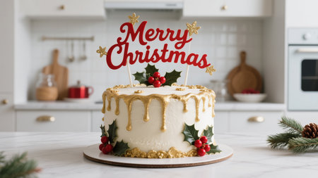 A beautifully decorated Christmas cake with gold drip icing, holly, and a 'Merry Christmas' topper sits in a bright, modern kitchen, ready for a festive celebration.の素材