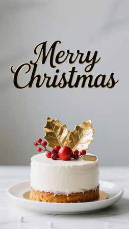 A festive mini cake decorated with gold leaves and red berries, perfect for a Christmas celebration against a soft grey backdrop. A symbol of holiday cheer and sweet indulgence.の素材
