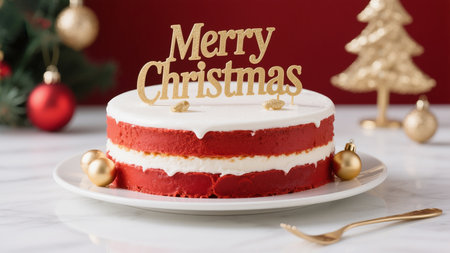 A beautifully decorated red velvet cake with 'Merry Christmas' topper, surrounded by festive decorations, perfect for celebrating the holiday season and creating a warm, inviting atmosphere.の素材