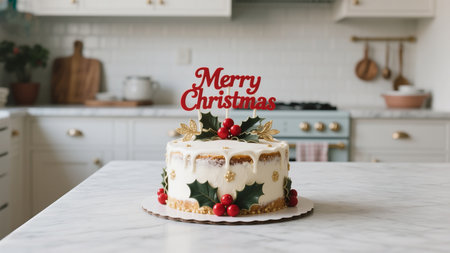 A beautifully decorated Christmas cake sits on a marble countertop in a bright kitchen. The cake is adorned with a 'Merry Christmas' topper, holly leaves, and red berries, perfect for a festive celebration.の素材