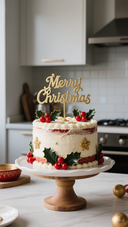 A beautifully decorated Christmas cake sits on a stand, adorned with holly, red berries, and a sparkling 'Merry Christmas' topper, creating a festive and inviting holiday treat.の素材