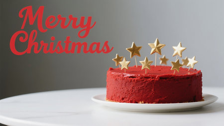 A festive red velvet cake adorned with golden star toppers, perfect for celebrating a joyful Christmas. This delicious dessert is a sweet treat for the holiday season.の素材