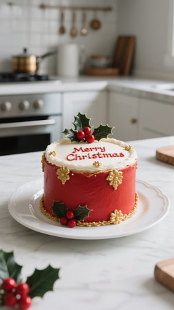 A delicious red velvet cake decorated with holly berries and a Merry Christmas message, perfect for celebrating the holiday season in a cozy kitchen setting.の素材