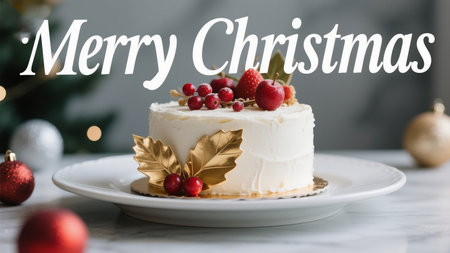A beautiful image showcasing a Christmas cake decorated with berries and golden leaves. The 'Merry Christmas' text overlay adds a festive touch, perfect for holiday-themed content.の素材