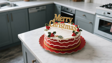 A beautifully decorated Christmas cake sits on a kitchen counter, complete with festive holly berries and a 'Merry Christmas' topper, ready to be enjoyed during the holiday season.の素材