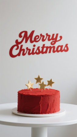A festive red Christmas cake adorned with golden stars sits atop a white table against a minimalist white backdrop, perfect for celebrating the holiday season. Modern and simple design.の素材