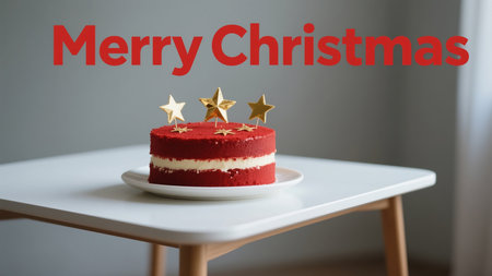 A festive red velvet cake adorned with golden star decorations, set against a minimalistic background, perfect for celebrating a merry Christmas.の素材