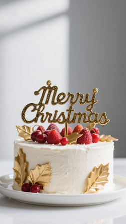 A beautifully decorated Christmas cake adorned with fresh berries and golden leaf accents, sitting elegantly on a white plate, captures the essence of festive celebrations.の素材