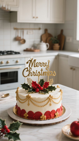 A festive Christmas cake adorned with holly and a Merry Christmas topper is placed on a table in a bright kitchen, ready for a holiday celebration.の素材