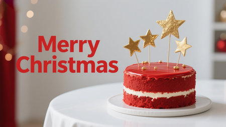A festive Merry Christmas image showcasing a red velvet cake adorned with gold star decorations. The perfect visual for holiday celebrations, sweet treats, and festive baking projects.の素材