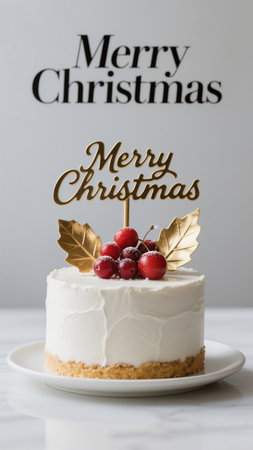 A beautifully decorated Christmas cake featuring fresh red cherries, golden leaves, and a festive 'Merry Christmas' topper. Perfect for holiday celebrations and festive occasions.の素材
