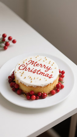 A delicious Christmas cake adorned with fresh cranberries, perfect for a festive holiday celebration. Sweet dessert with white frosting and red text saying Merry Christmas. Ideal for seasonal treat.の素材