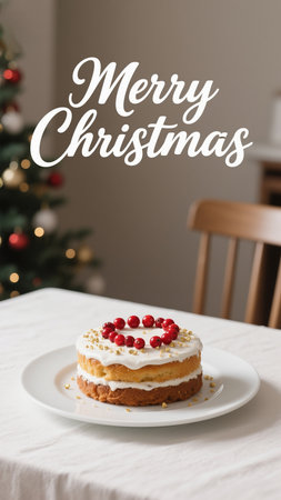 A delicious Christmas cake, topped with cranberries, sets the festive scene. The cake sits on a white plate, placed on a white table cloth, evoking feelings of holiday joy and celebration.の素材
