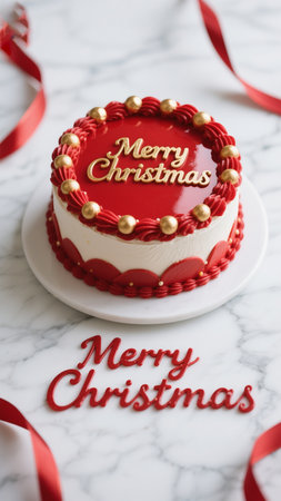 A festive red and gold Christmas cake on a marble background, perfect for holiday celebrations. The cake is decorated with elegant lettering and gold spheres, making it a delicious and beautiful treat.の素材