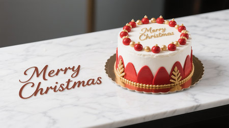 A festive Christmas cake adorned with red ornaments and golden accents, placed on a marble surface. The cake features elegant lettering that reads 'Merry Christmas', perfect for a holiday celebration.の素材