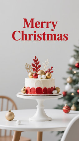 A beautifully decorated Christmas cake on a white stand, adorned with festive ornaments, set against a blurred Christmas tree background, creating a warm and inviting holiday scene.の素材