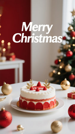 A beautifully decorated Christmas cake takes center stage, surrounded by festive ornaments and a sparkling Christmas tree, creating a warm and inviting holiday atmosphere.の素材
