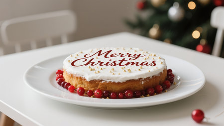 A delightful christmas cake decorated with a festive message and vibrant cranberries, set against a backdrop of a decorated christmas tree, embodying the spirit of the holiday season.の素材