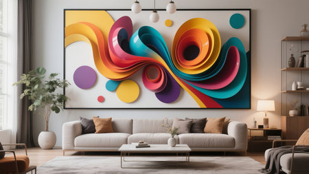 Modern living room interior with sofa, coffee table and colorful painting on wall. Mock up, 3D Renderingの素材