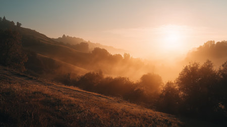 Enjoy a happy wednesday. Breathtaking landscape view of foggy rolling hills during a golden sunrise. A peaceful and scenic nature background with mist and sunlight creating an ethereal atmosphere.の素材