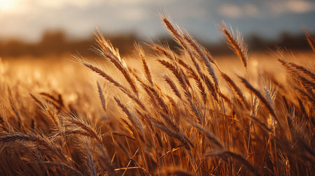 Happy Wednesday showcasing golden wheat field during warm sunset Nature agriculture scenery of ripe barley or wheat ready for harvest in the countryside. Serene landscape with a natural aestheticの素材