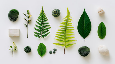 Happy Wednesday, this fresh flat lay captures the beauty of greenery. Fern leaves with other natural objects. Clean and inviting, perfect for design projects or promoting a wellness concept.の素材