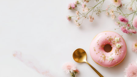 Enjoy this sweet treat for a Happy Wednesday! Pink glazed donut decorated with edible flowers and gold sprinkles, accompanied by a golden spoon and delicate flowers on a clean white background.の素材