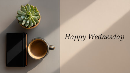 A minimalist still life featuring a succulent a cup of coffee and a notebook on a desk symbolizing a productive work session. Happy Wednesday let's start this day rightの素材