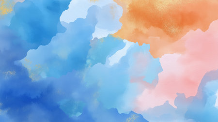 Happy Wednesday! A mesmerizing abstract watercolor painting featuring a harmonious blend of blue orange and pink hues creating a dreamy and artistic background. Perfect for adding a touch of vibrantの素材