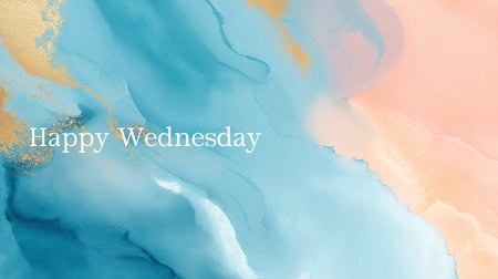 Celebrate happy wednesday with this abstract watercolor background in calming turquoise peach and gold tones. A modern fluid art design for invitations or web useの素材