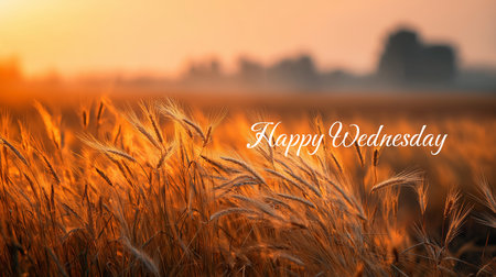 Beautiful golden wheat field at sunset with a Happy Wednesday message, showcasing a peaceful rural landscape. Ideal for greetings cards or seasonal promotions. Enjoy this harvest time with a brightの素材