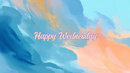 Spread the joy with this Happy Wednesday image. A delightful watercolor texture background featuring pastel shades of blue and peach with delicate gold accents. It's perfect for greetings and addingの素材
