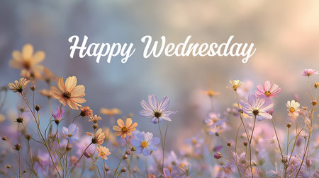 Celebrate Happy Wednesday with this delicate pastel floral meadow background. Perfect for greeting cards, positive wishes, and adding a touch of serene beauty to your day. Enjoy the gentle colorsの素材