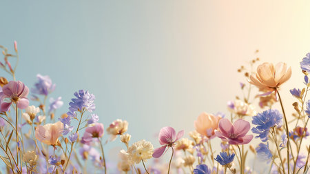 Embrace the beauty of a floral meadow on Happy Wednesday with this delicate scene bathed in pastel colors. The soft light and gentle blossoms evoke a sense of peace and natural elegance perfect forの素材