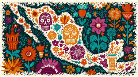 A vibrant and decorative illustration featuring a mexico map adorned with colorful floral patterns and traditional sugar skulls, perfect for cultural celebrations. This festive design captures theの素材