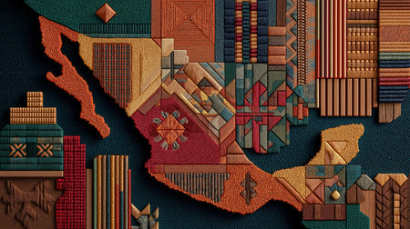 Detailed illustration of a textured Mexico map created with geometric patterns and a rich color palette of earth tones. This unique artwork offers a vintage-inspired aesthetic, blending design andの素材