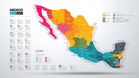 A detailed vector of a Mexico map with states and infographics. The mexico map showcases administrative divisions with colorful states and essential geographical information for travelの素材