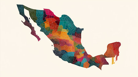 An artistic and abstract Mexico map composed of a vibrant mosaic pattern. Colorful and detailed depiction of the country's geography. This graphic illustration showcases the states of Mexico,の素材