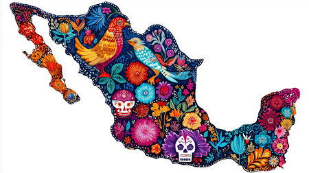 A vibrant folk art-inspired illustration of the Mexico map filled with colorful flowers, birds and skulls, capturing the essence of Mexican culture. This festive design offers a unique culturalの素材