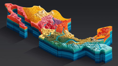 Detailed 3D render of a Mexico map with topographic layers and colorful regions showing country geography. Artistic representation of elevation and terrain for visual exploration and creativeの素材