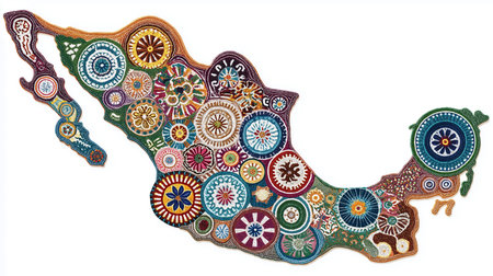 Artistic and vibrant representation of the mexico map with colorful circular motifs. A culturally rich and intricate design, showcasing traditional folk art with handmade detail. A unique andの素材