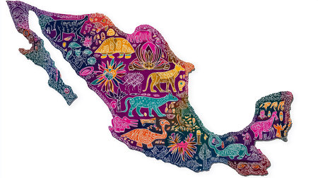 Explore this artistic and vibrant Mexico map featuring unique wildlife and flora illustrations in a handcrafted style. A colorful depiction capturing the country's spirit and diversity. Theの素材
