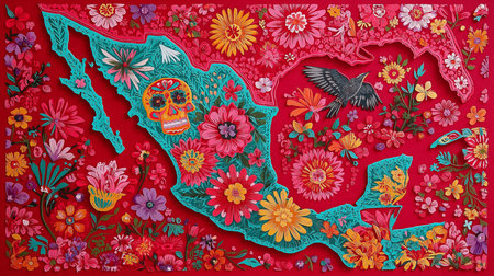 Vibrant floral Mexico map art featuring a skull and bird. This handcrafted papercut design is a celebration of Mexican culture, adorned with colorful flowers and intricate details. Represents theの素材