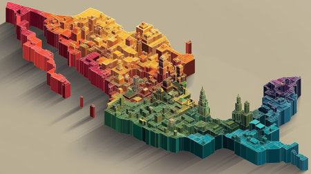 A detailed isometric representation of the Mexico map created with pixel art blocks showing cityscapes. The colorful landscape illustrates different regions, offering a modern and stylized geographyの素材