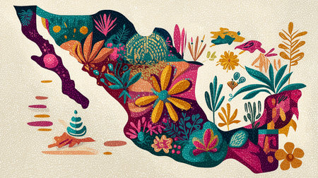 Vibrant floral illustration of a Mexico map. Artistic design filled with colorful flowers and botanical elements. This detailed Mexico map presents a unique and decorative view of the nation'sの素材